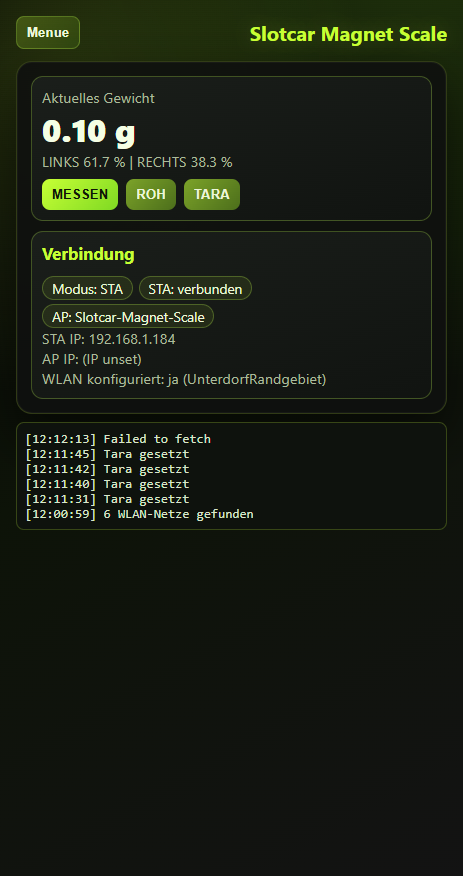 SMS Weboberfläche mit Live-Gewicht und Lastverteilung